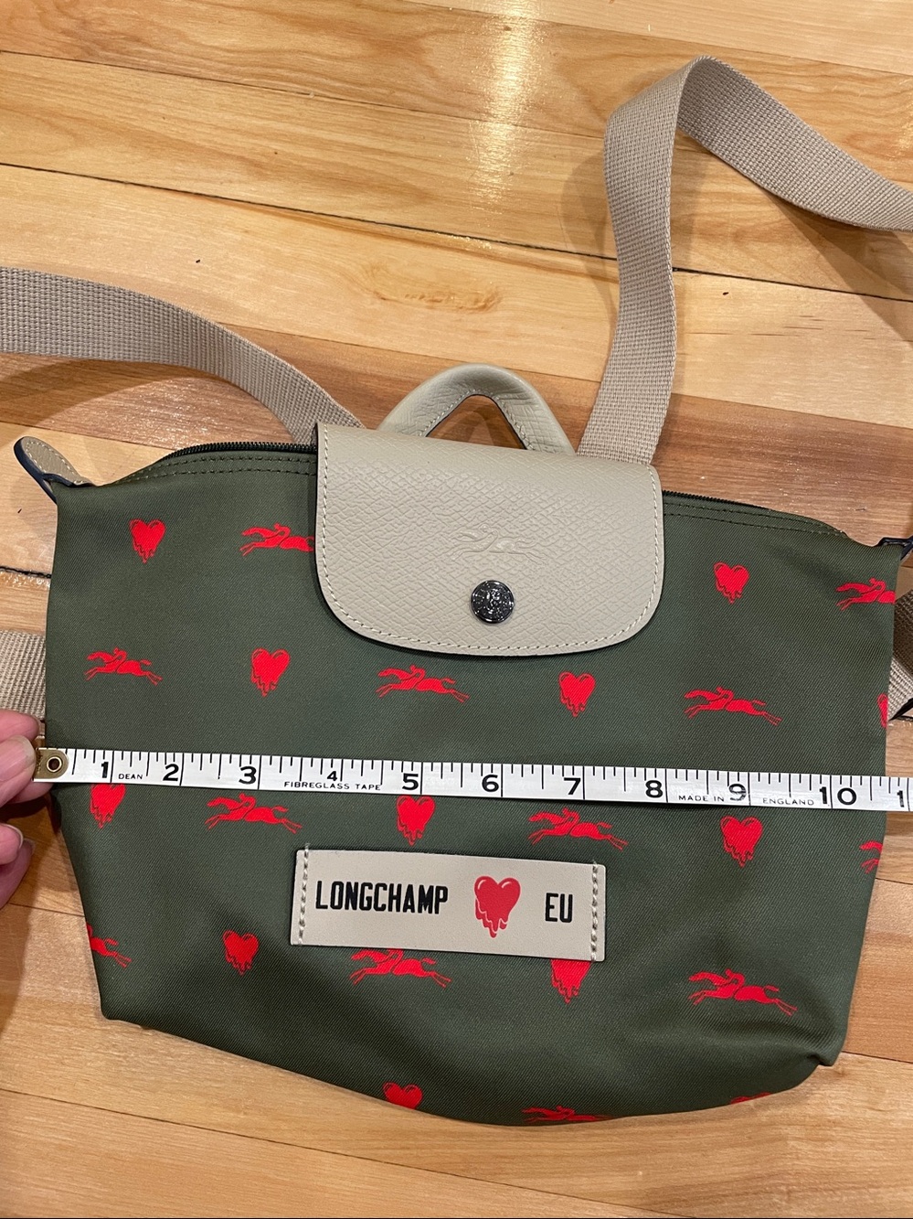 Longchamp Green Nylon Mini Backpack with Red Heart Print and Tan Flap - Picture 9 of 10